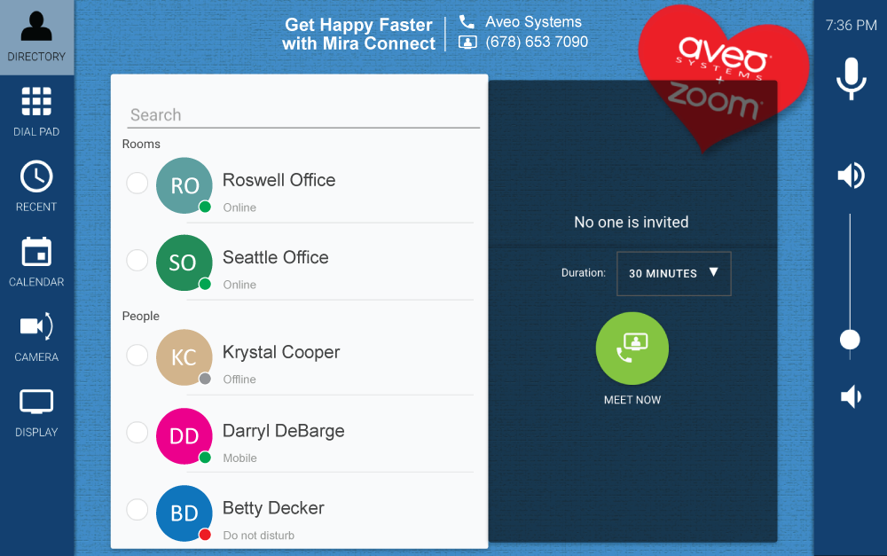 Zoom Rooms directory in Mira Connect
