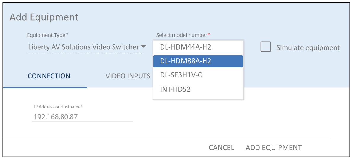 Selecting Liberty AV switcher in Mira Portal