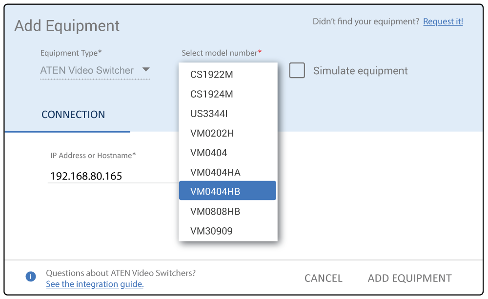 Selecting ATEN video switcher in Mira Portal