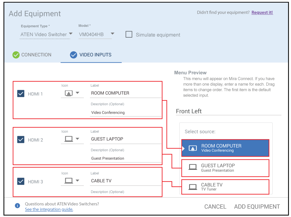 Selecting video inputs for ATEN video switcher in Mira Portal