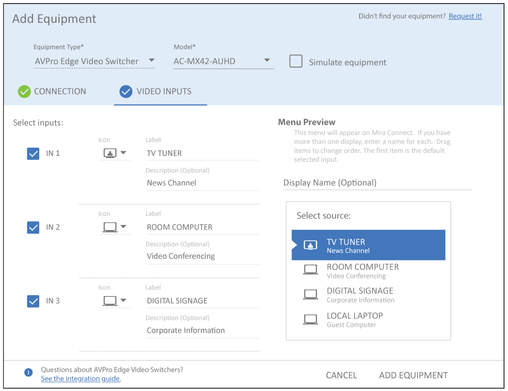 Selecting video inputs for AVPro video switcher in Mira Portal