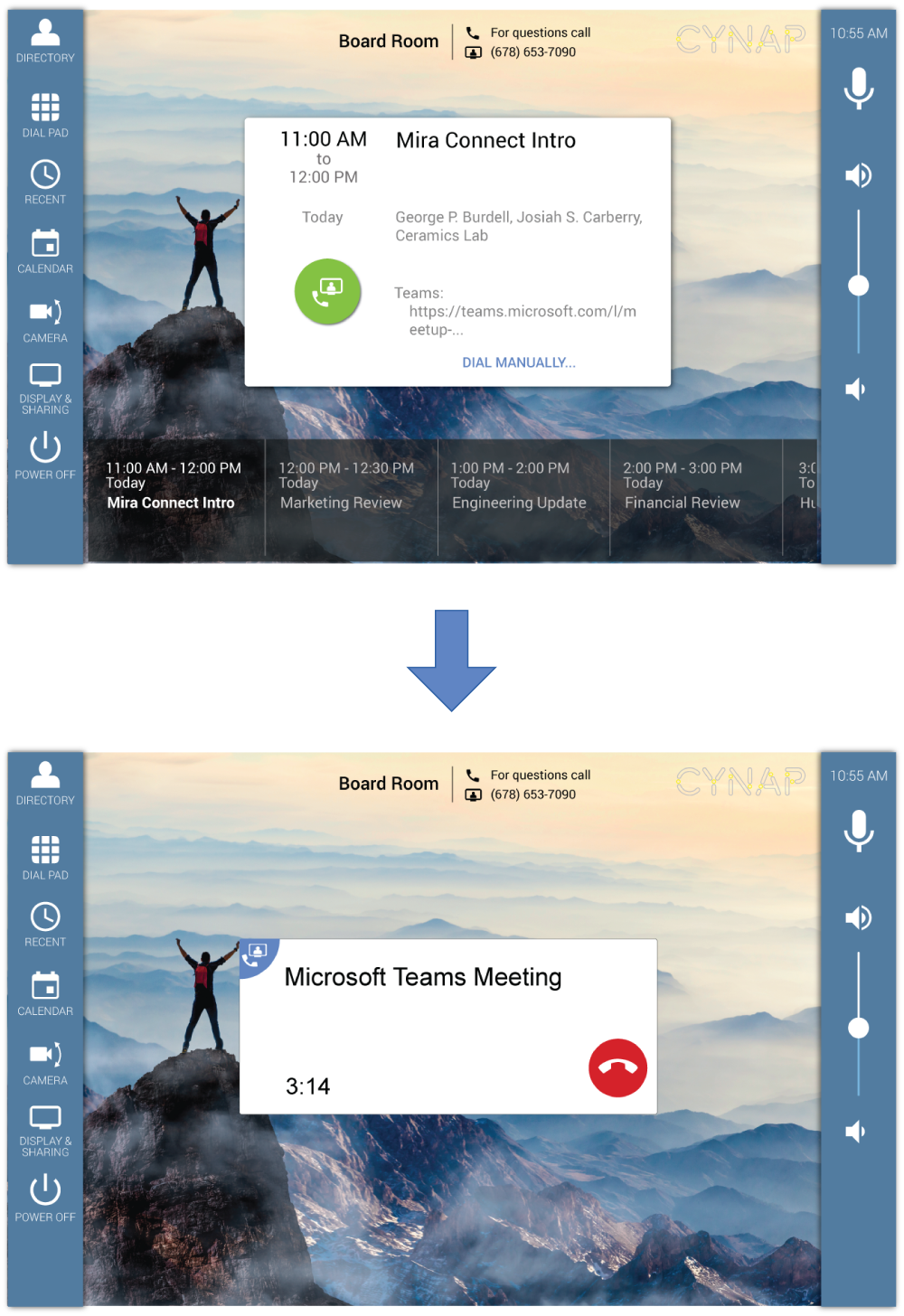 Mira Connect user interfaces shown controlling Wolfvision Cynap to launch Teams call