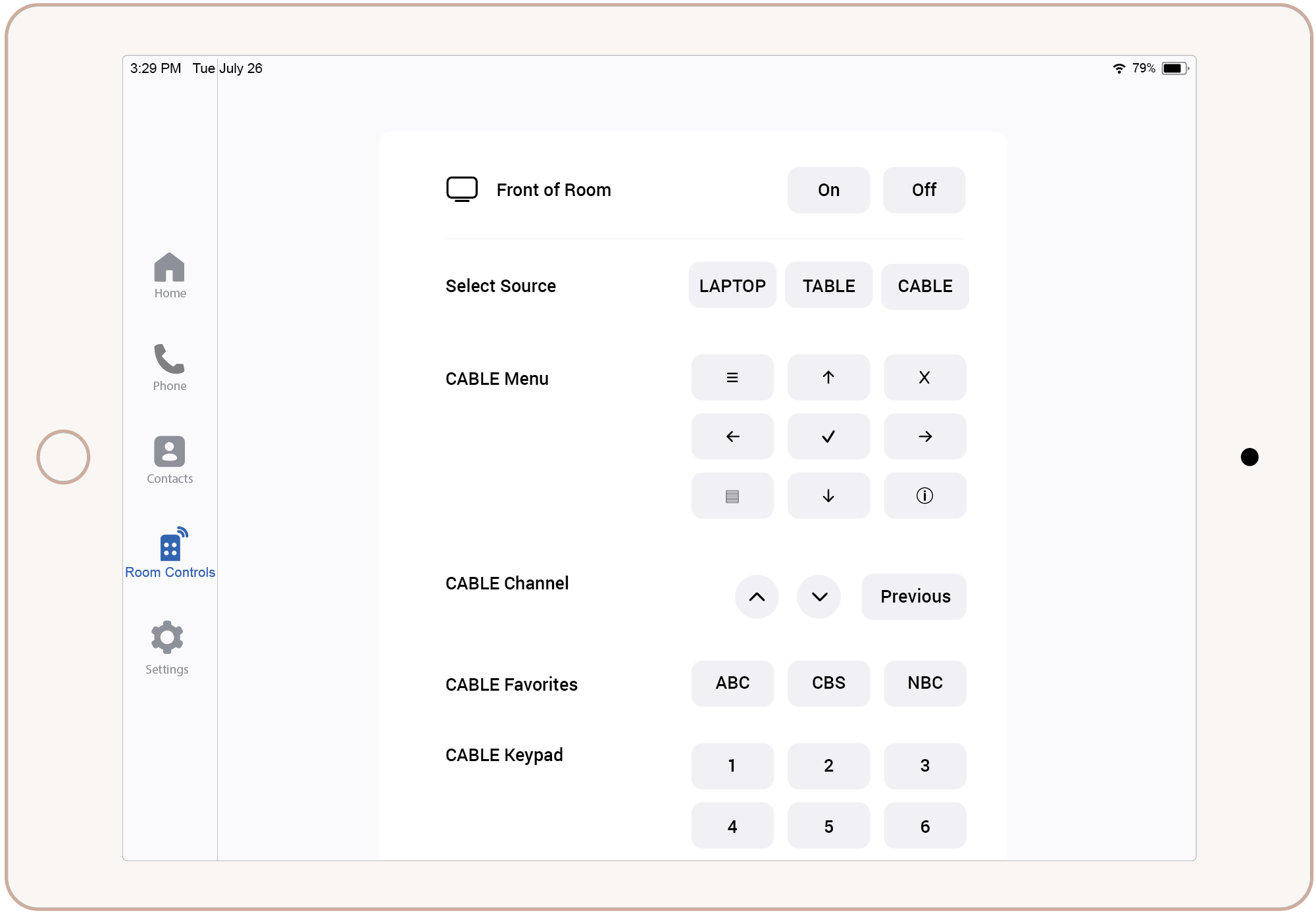 Example user interface for a Zoom Rooms controller using Aveo Systems' Mira Connect auto-generated Native Rooms Controls