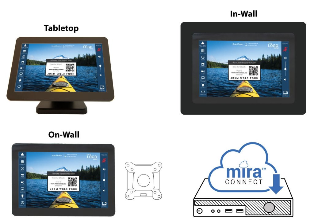 Mira Connect 10 touch panels for tabletop, for in-wall-mounting, for on-wall-mounting, and software version